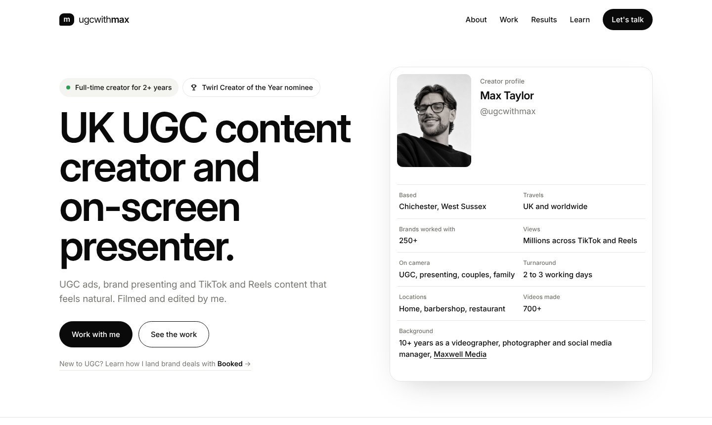 The ugcwithmax.com website, Max Taylor UK UGC content creator